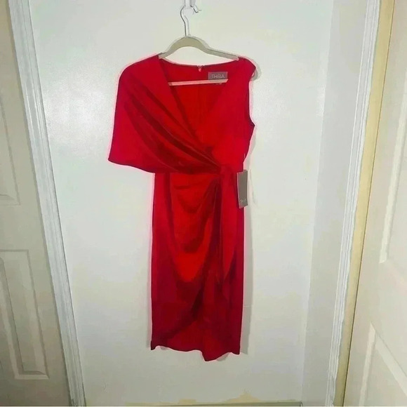 NWT Theia Candace Wrap Cocktail Dress in Poppy Red Satin Midi - Picture 3 of 10